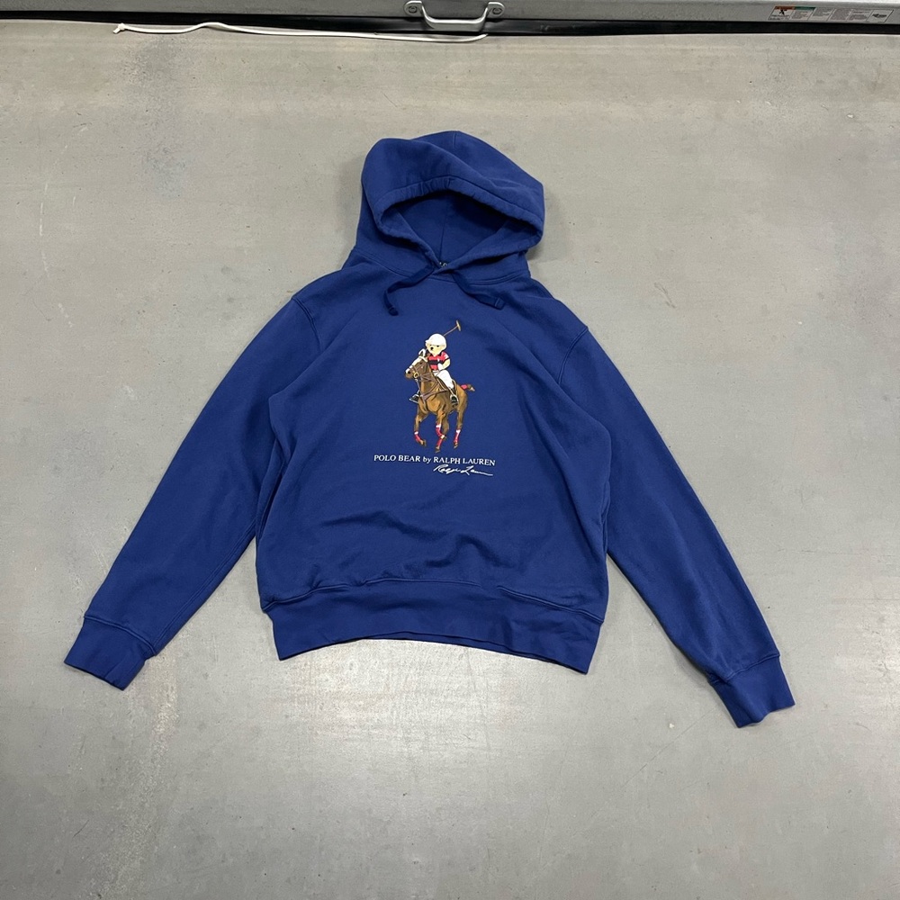 Y2K Polo Ralph Lauren Men's Polo Bear & Big Pony Fleece Hoodie Blue Size M